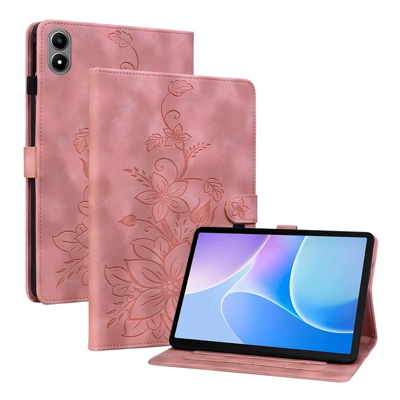 For Infinix Xpad 20 Case Lily Flower Imprint Card Slots Leather Tablet Cover - Pink