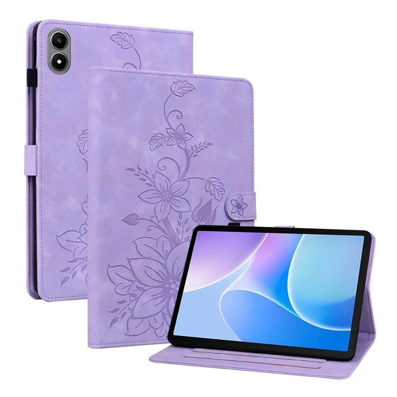 For Infinix Xpad 20 Case Lily Flower Imprint Card Slots Leather Tablet Cover - Purple