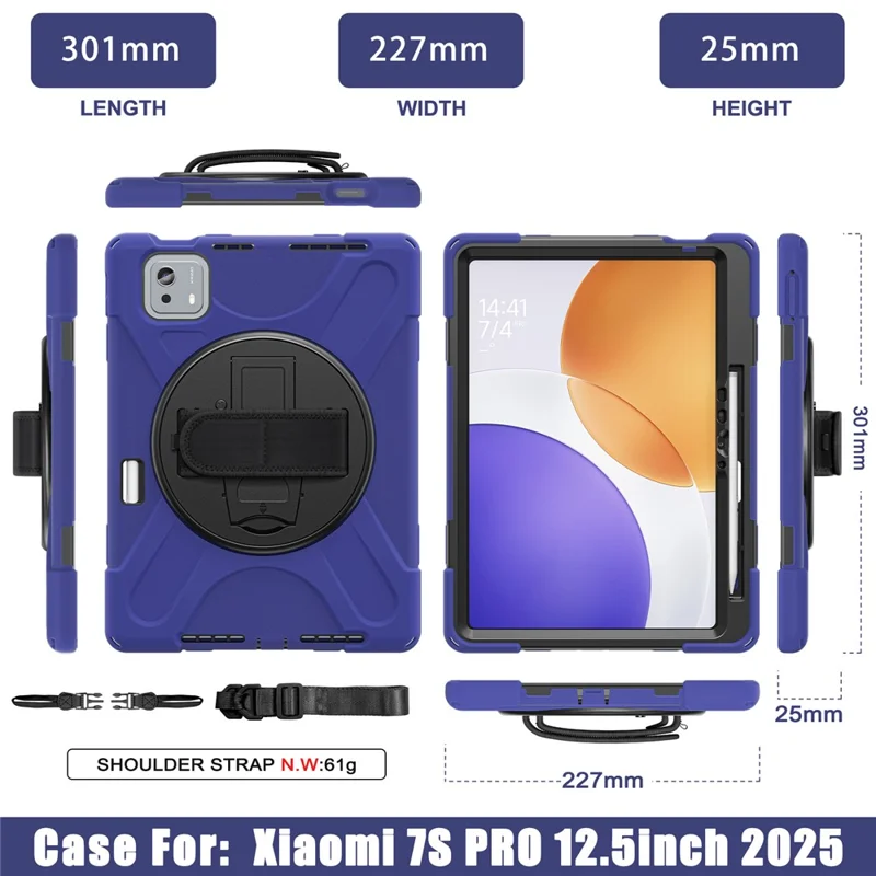 For Xiaomi Pad 7S Pro 12.5 / Pad 6S Pro 12.4 Kickstand Case TPU PC Silicone Tablet Cover with Shoulder Strap - Navy Blue