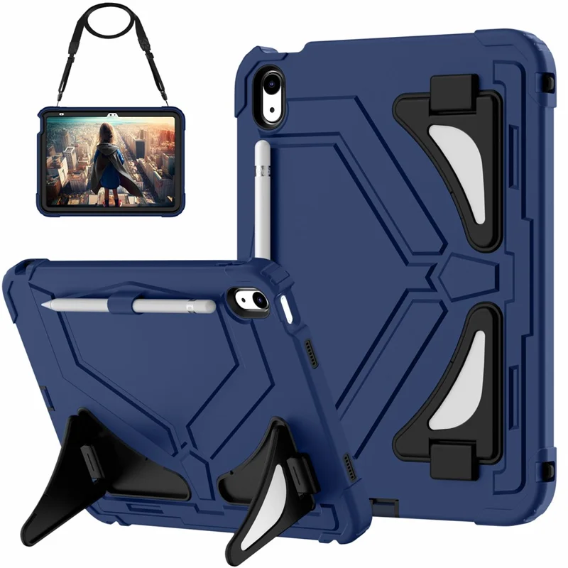 Funda con Soporte para iPad (2025) / 10.9 (2022) Estilo Leopardo, Cubierta Protectora para Tablet con Correa para el Hombro - Azul Marino / Negro