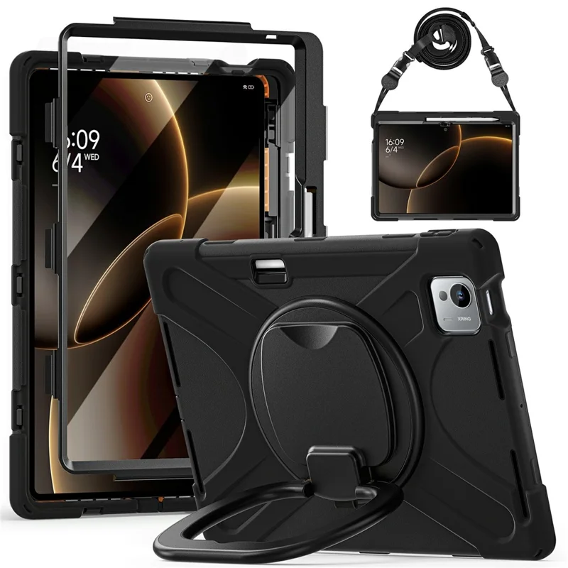 For Xiaomi Pad 7 Ultra Case with Shoulder Strap TPU + PC + Silicone Kickstand Tablet Cover - Black