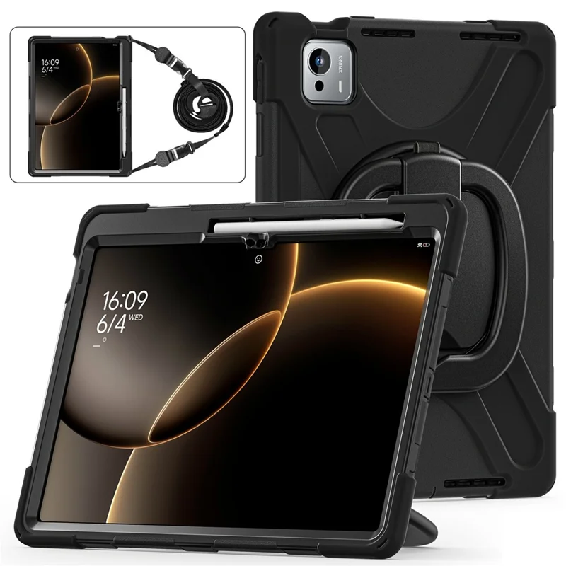For Xiaomi Pad 7 Ultra Case with Shoulder Strap TPU + PC + Silicone Kickstand Tablet Cover - Black