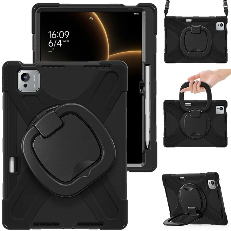 For Xiaomi Pad 7 Ultra Case with Shoulder Strap TPU + PC + Silicone Kickstand Tablet Cover - Black
