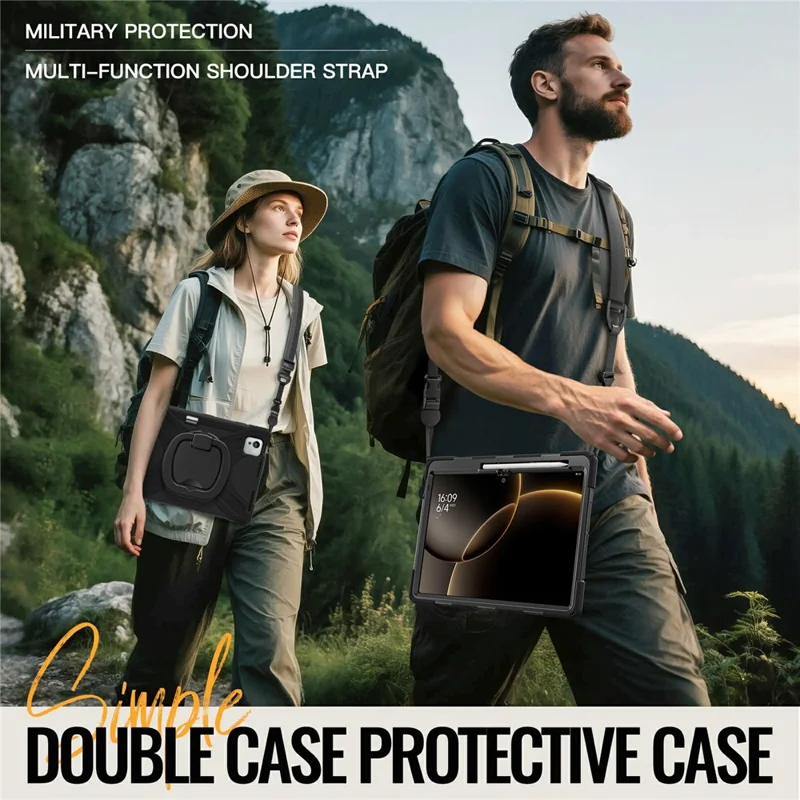 For Xiaomi Pad 7 Ultra Case with Shoulder Strap TPU + PC + Silicone Kickstand Tablet Cover - Black