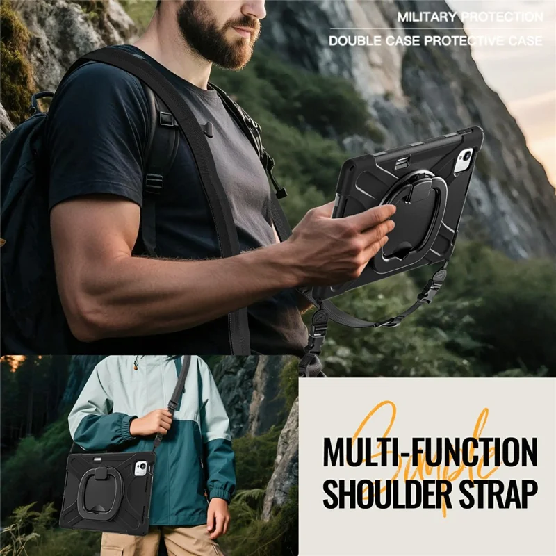 For Xiaomi Pad 7 Ultra Case with Shoulder Strap TPU + PC + Silicone Kickstand Tablet Cover - Black