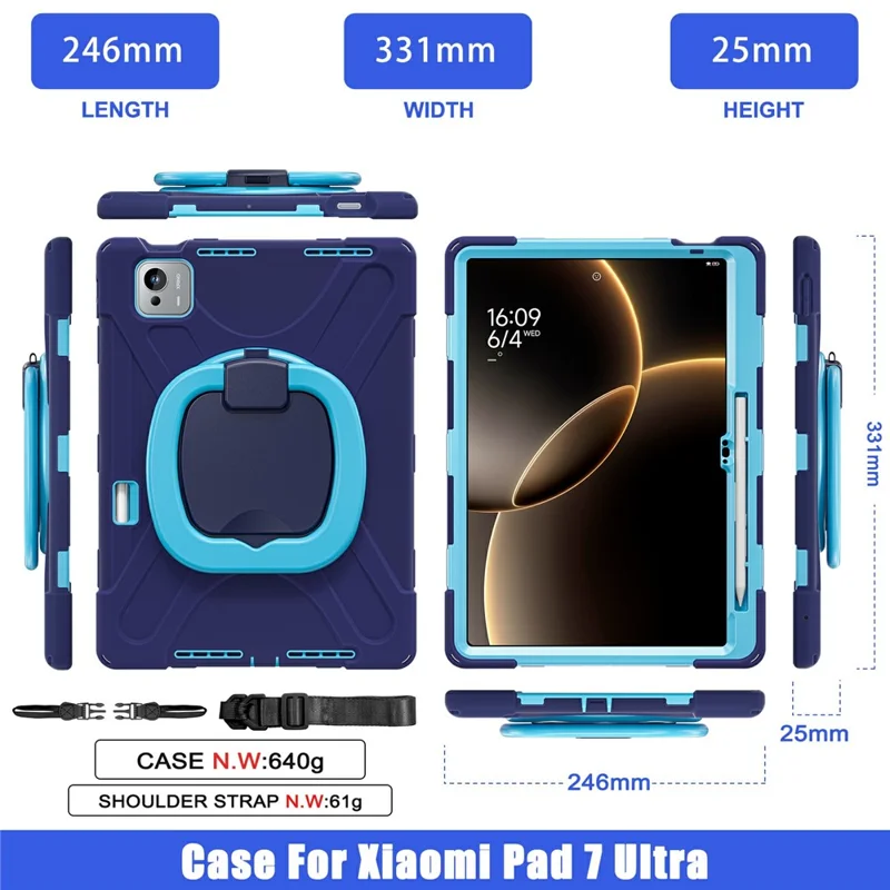 For Xiaomi Pad 7 Ultra Case TPU + PC + Silicone Tablet Cover Swivel Kickstand Handle Grip - Navy Blue