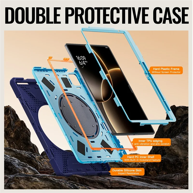 For Xiaomi Pad 7 Ultra Case TPU + PC + Silicone Tablet Cover Swivel Kickstand Handle Grip - Navy Blue