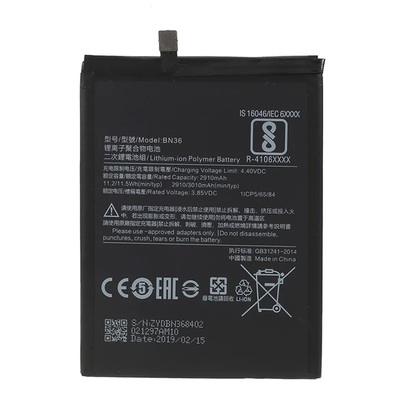 Para Xiaomi Mi A2 / 6X 3,85V 2910mAh Bateria de Polímero de Íons de Lítio de Substituição (Codificação: BN36) (sem Logotipo)