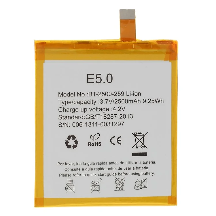 Para BQ Aquaris E5 4G 3.70V 2500mAh Polimador de Iones de Litio Parte de la Batería (encode: BT-2500-259) (sin Logotipo)