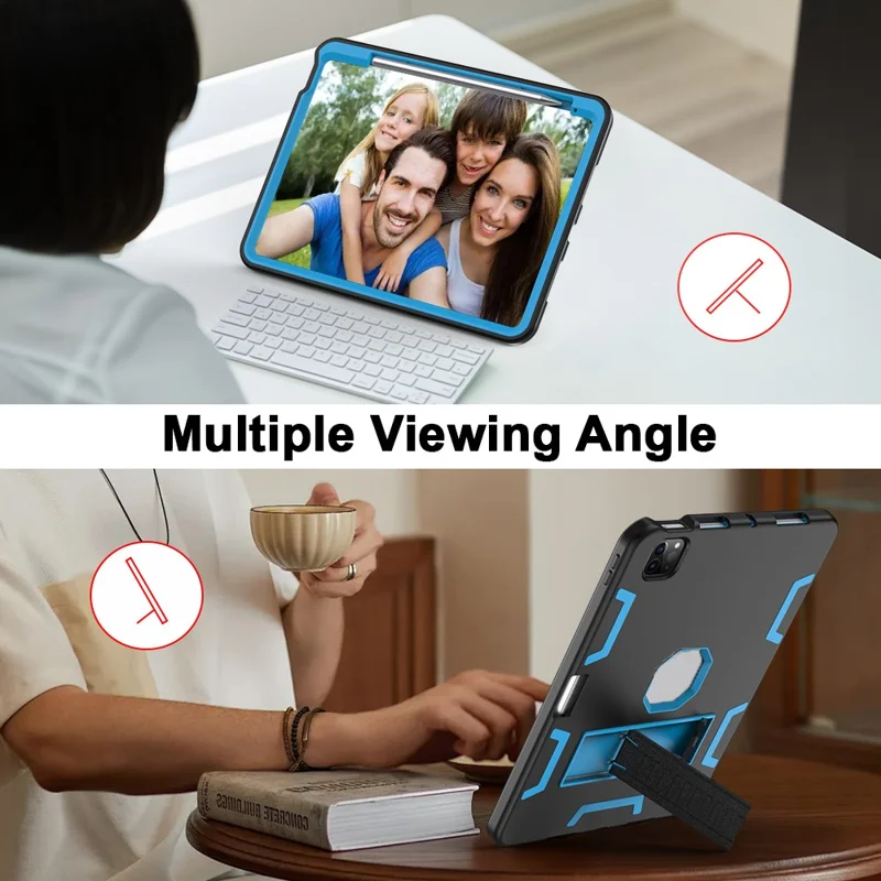 Capa para iPad Pro 11 (2024) Silicone + PC com Suporte e Porta-Lápis - Preto / Azul Céu