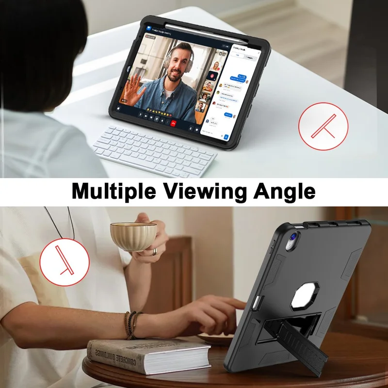 For iPad (2025) / iPad 10.9 (2022) Case Silicone + PC Kickstand Tablet Cover with Pencil Holder - Black