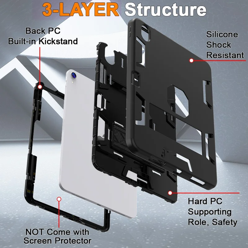 For iPad (2025) / iPad 10.9 (2022) Case Silicone + PC Kickstand Tablet Cover with Pencil Holder - Black