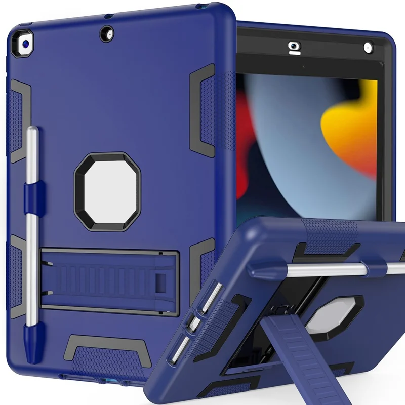 Чехол для iPad 10.2 (2021) / (2019) / (2020) с силиконовым и пластиковым корпусом, подставкой и держателем для карандаша - тёмно-синий / чёрный