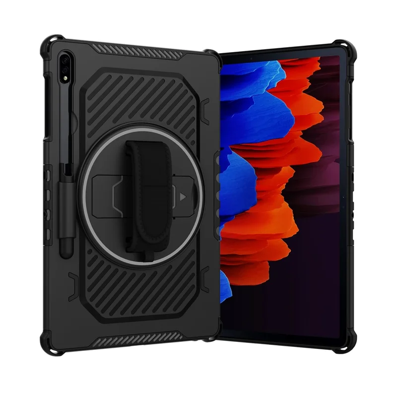 Capa com Suporte para Samsung Galaxy Tab S9+ / S8+ / S7+ / S7 FE PC + TPU à Prova de Choque com Alça de Mão - Preto