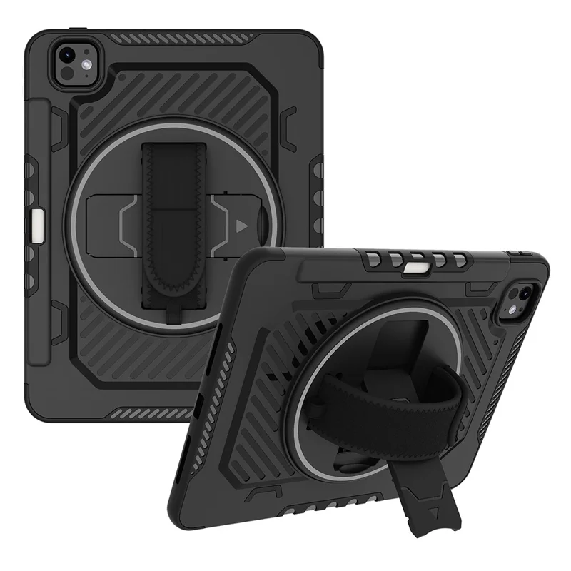 For iPad Pro 11 (2025) / 11 (2024) Case Kickstand PC + TPU Shockproof Tablet Cover with Hand Strap / Pen Slot - Black