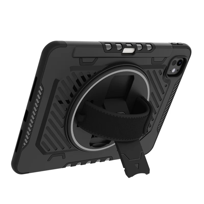 For iPad Pro 11 (2025) / 11 (2024) Case Kickstand PC + TPU Shockproof Tablet Cover with Hand Strap / Pen Slot - Black
