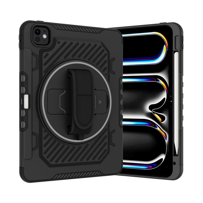 For iPad Pro 11 (2025) / 11 (2024) Case Kickstand PC + TPU Shockproof Tablet Cover with Hand Strap / Pen Slot - Black