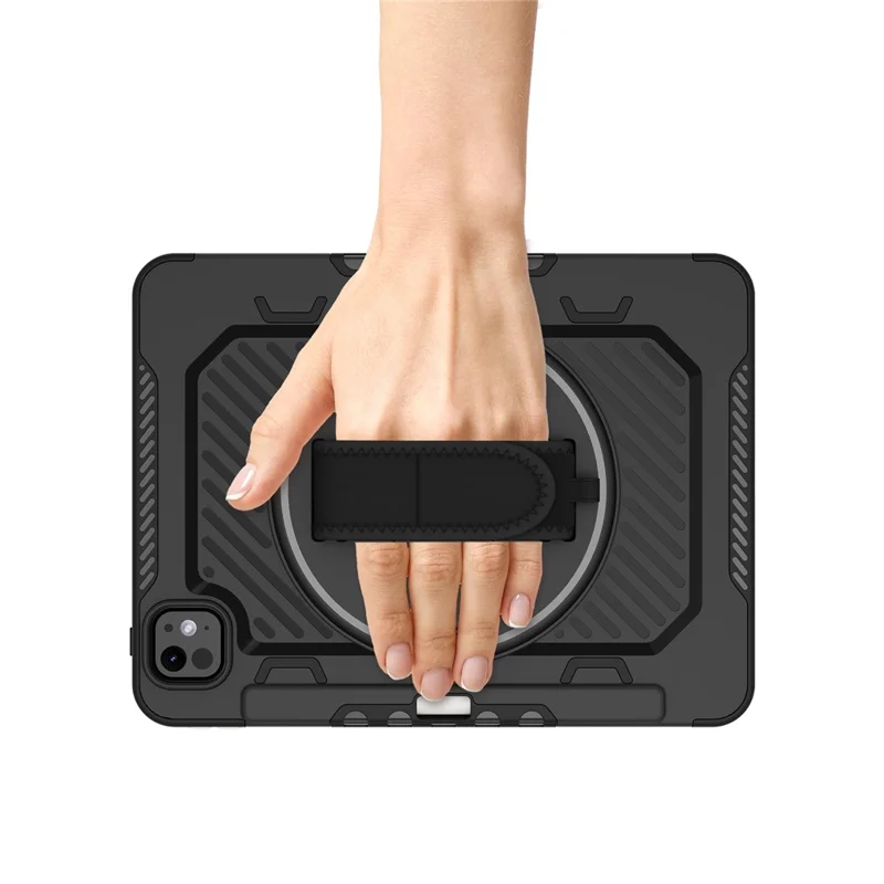 For iPad Pro 11 (2025) / 11 (2024) Case Kickstand PC + TPU Shockproof Tablet Cover with Hand Strap / Pen Slot - Black