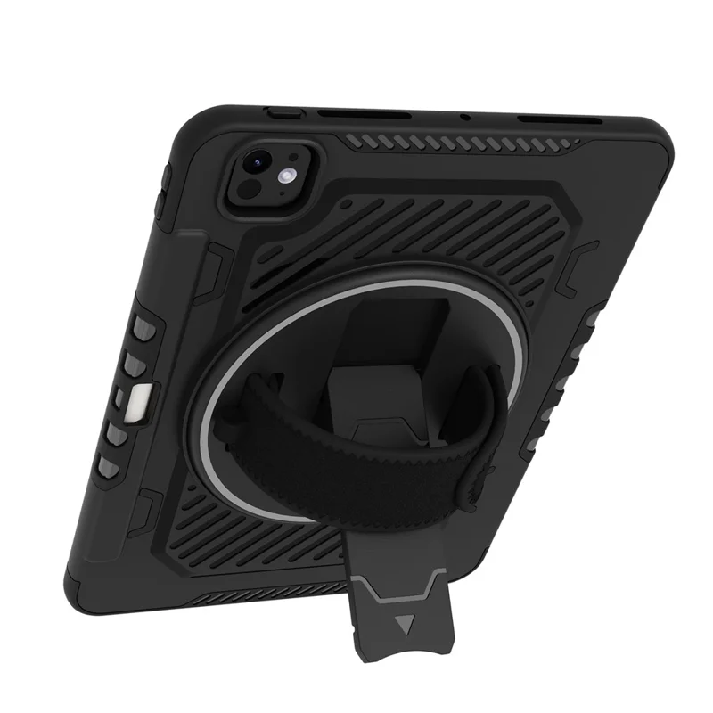 For iPad Pro 11 (2025) / 11 (2024) Case Kickstand PC + TPU Shockproof Tablet Cover with Hand Strap / Pen Slot - Black