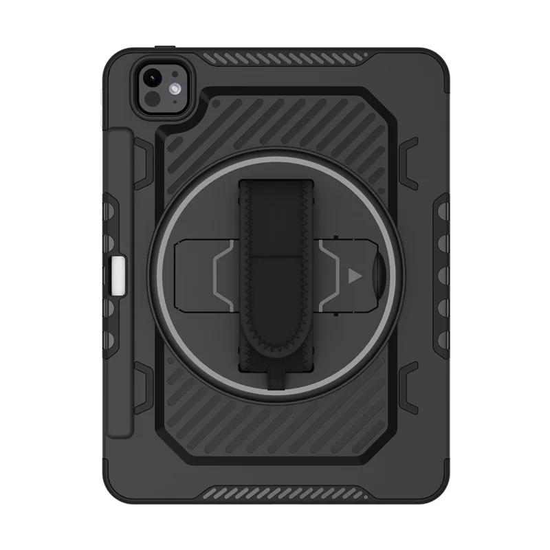 For iPad Pro 11 (2025) / 11 (2024) Case Kickstand PC + TPU Shockproof Tablet Cover with Hand Strap / Pen Slot - Black