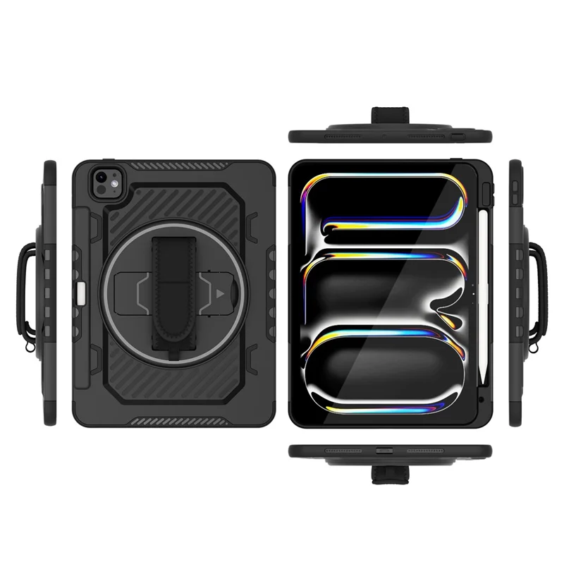 For iPad Pro 11 (2025) / 11 (2024) Case Kickstand PC + TPU Shockproof Tablet Cover with Hand Strap / Pen Slot - Black