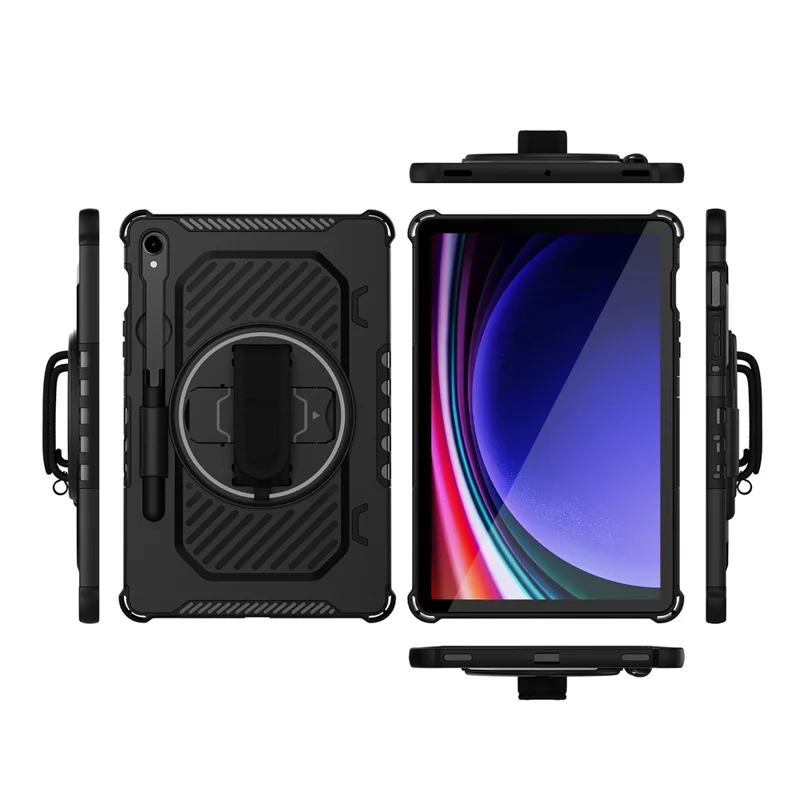 Funda con Soporte para Samsung Galaxy Tab S9 FE / S9 / S8 / S7 PC + TPU Antigolpes con Correa de Mano - Negro