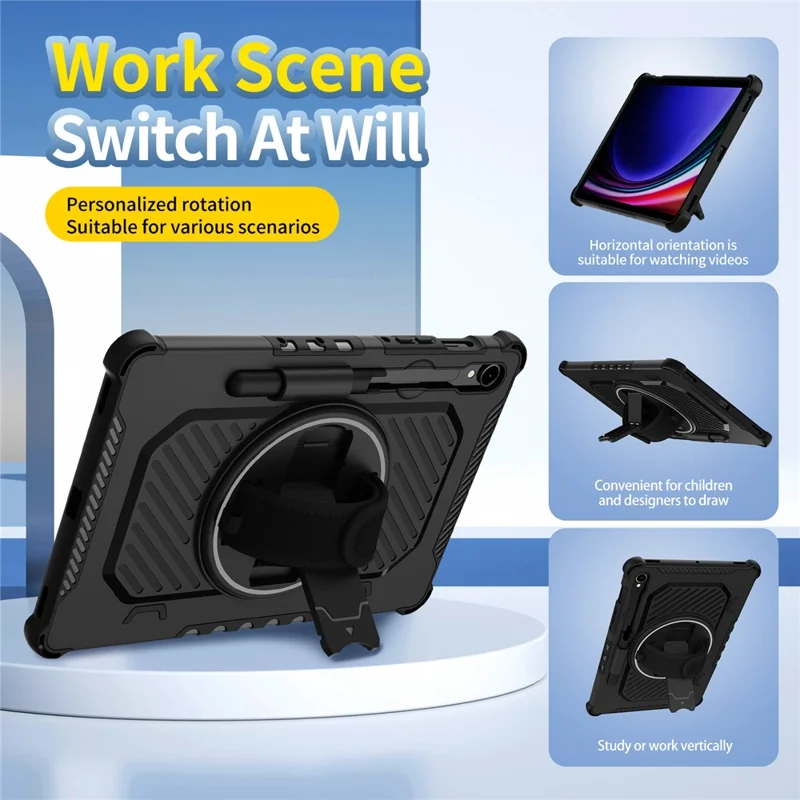 Funda con Soporte para Samsung Galaxy Tab S9 FE / S9 / S8 / S7 PC + TPU Antigolpes con Correa de Mano - Negro