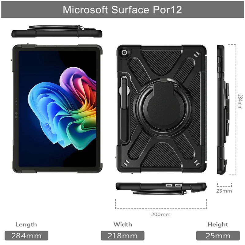 For Microsoft Surface Pro 12inch Case Silicone + PC Tablet Cover with Rotating Hand Grip Kickstand - Black