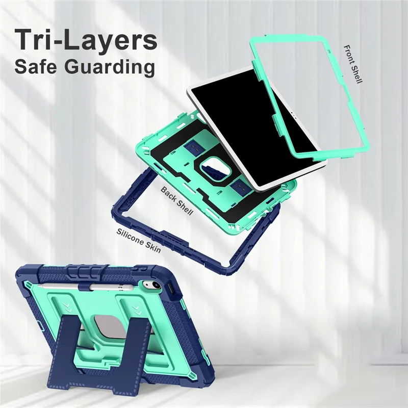 For iPad (2025) / iPad 10.9 (2022) Tablet Case with Kickstand Anti Drop PC + Silicone Cover - Navy Blue+Mint Green