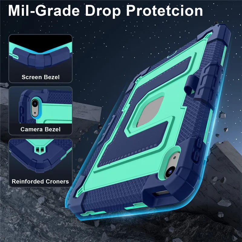 For iPad (2025) / iPad 10.9 (2022) Tablet Case with Kickstand Anti Drop PC + Silicone Cover - Navy Blue+Mint Green