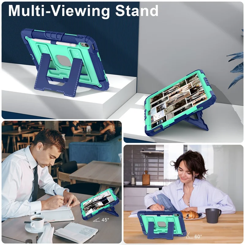 For iPad (2025) / iPad 10.9 (2022) Tablet Case with Kickstand Anti Drop PC + Silicone Cover - Navy Blue+Mint Green
