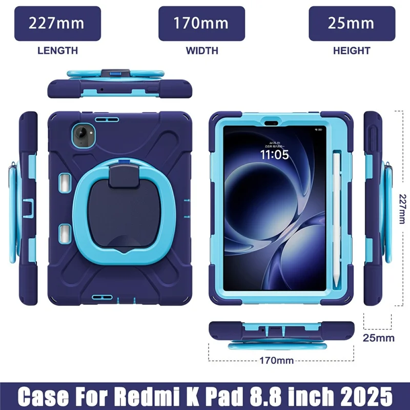 For Xiaomi Pad Mini / Redmi K Pad Case TPU + PC + Silicone Tablet Cover Swivel Kickstand Handle Grip - Navy Blue