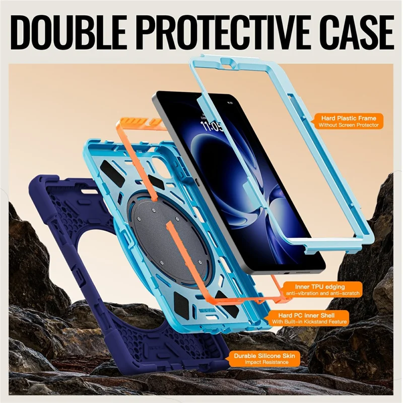 For Xiaomi Pad Mini / Redmi K Pad Case TPU + PC + Silicone Tablet Cover Swivel Kickstand Handle Grip - Navy Blue