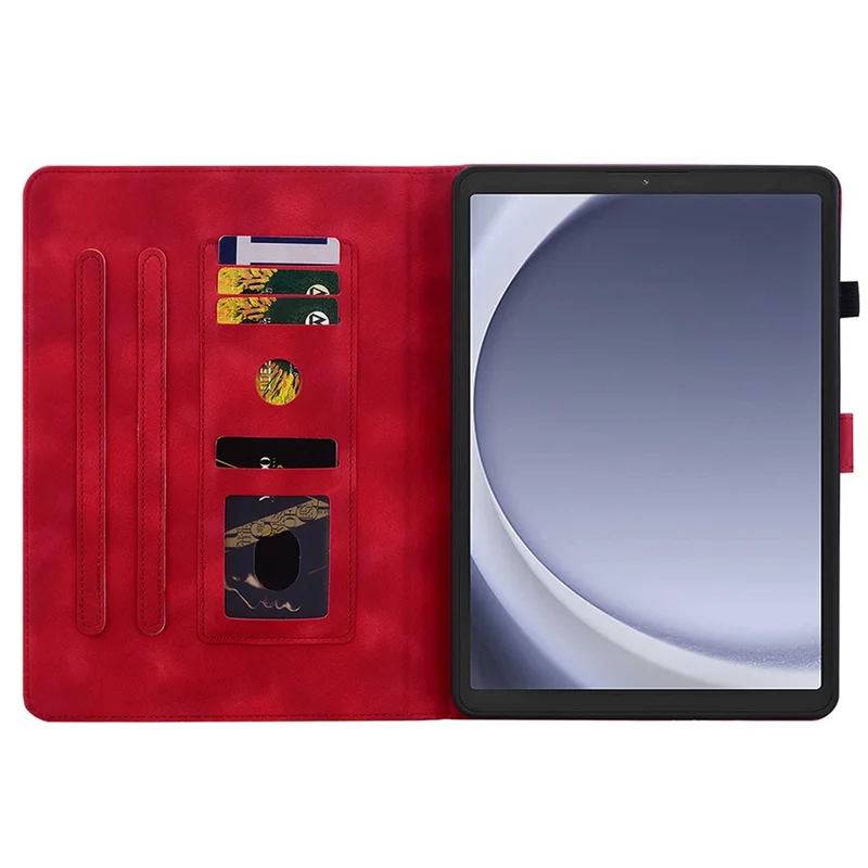 For Samsung Galaxy Tab A11 / A9 Case Lily Flower Imprint Card Slots Leather Tablet Cover - Red