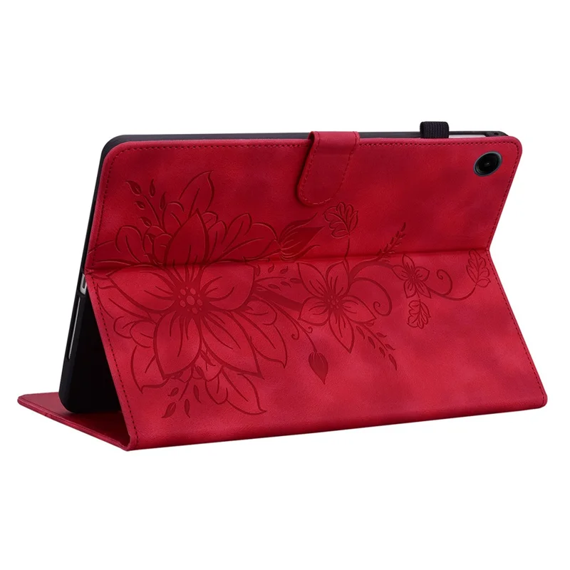 For Samsung Galaxy Tab A11 / A9 Case Lily Flower Imprint Card Slots Leather Tablet Cover - Red