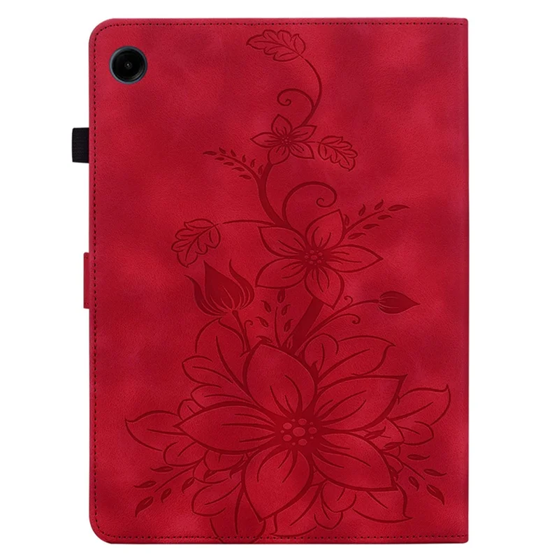 For Samsung Galaxy Tab A11 / A9 Case Lily Flower Imprint Card Slots Leather Tablet Cover - Red