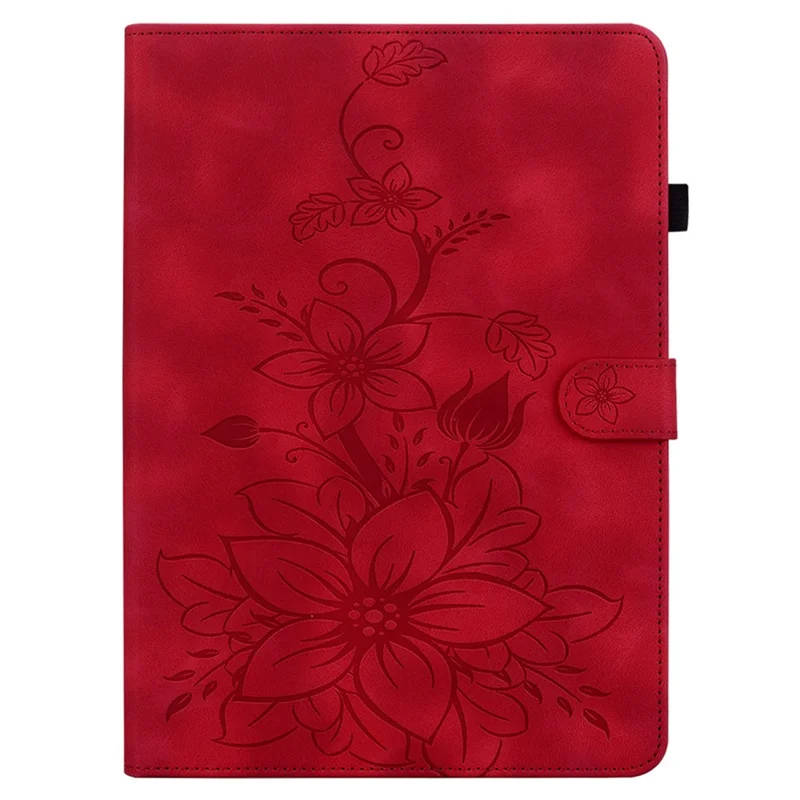 For Samsung Galaxy Tab A11 / A9 Case Lily Flower Imprint Card Slots Leather Tablet Cover - Red