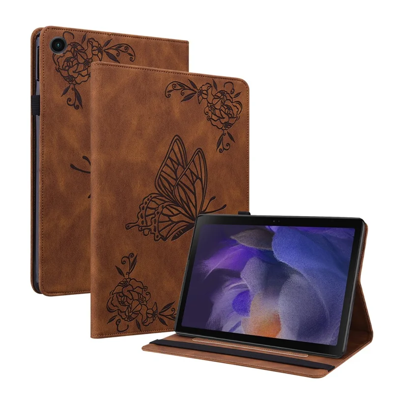 For Samsung Galaxy Tab A11 / A9 Case Butterfly Flower Imprint PU Leather Tablet Cover with Card Slots - Brown