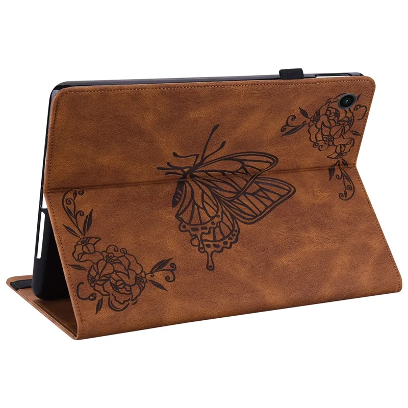 For Samsung Galaxy Tab A11 / A9 Case Butterfly Flower Imprint PU Leather Tablet Cover with Card Slots - Brown