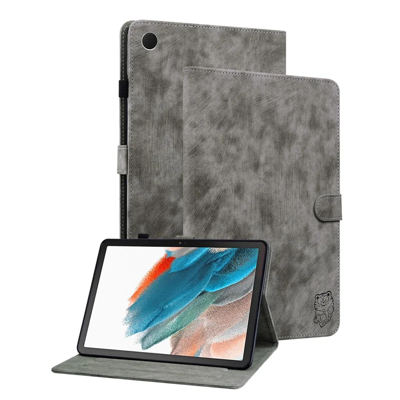 For Samsung Galaxy Tab A11 / A9 Case Tiger Imprint Anti-Scratch PU Leather Tablet Cover - Grey