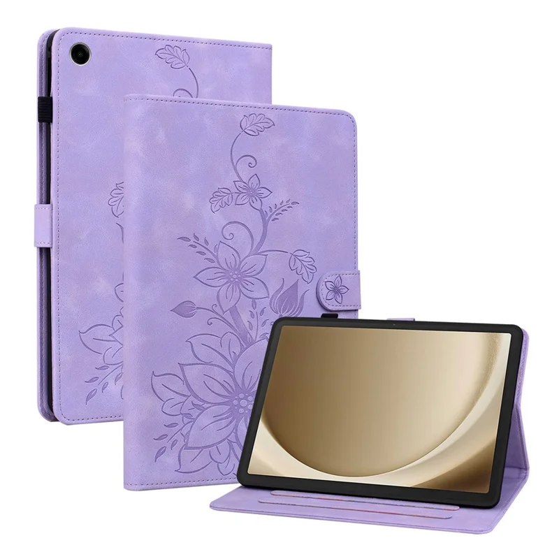 For Samsung Galaxy Tab A11+ Case Lily Flower Imprint Card Slots Leather Tablet Cover - Purple
