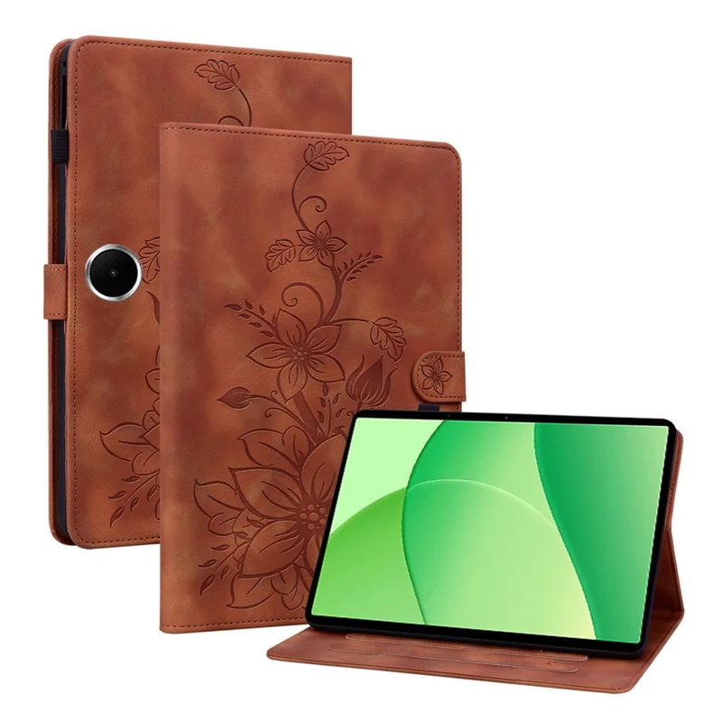 Capa para OnePlus Pad Lite / Oppo Pad SE Flor de Lírio com Impressão e Compartimentos para Cartões em Couro - Marrom