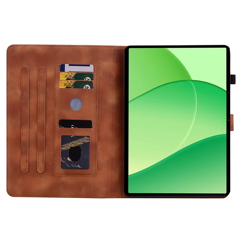 Capa para OnePlus Pad Lite / Oppo Pad SE Flor de Lírio com Impressão e Compartimentos para Cartões em Couro - Marrom