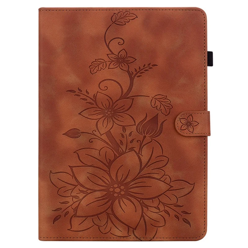 Capa para OnePlus Pad Lite / Oppo Pad SE Flor de Lírio com Impressão e Compartimentos para Cartões em Couro - Marrom