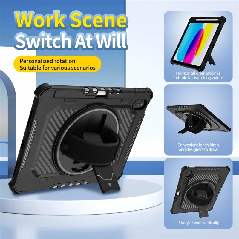 For iPad (2025)  /  10.9 (2022) Case Kickstand PC + TPU Shockproof Tablet Cover with Hand Strap  /  Pen Slot - Black