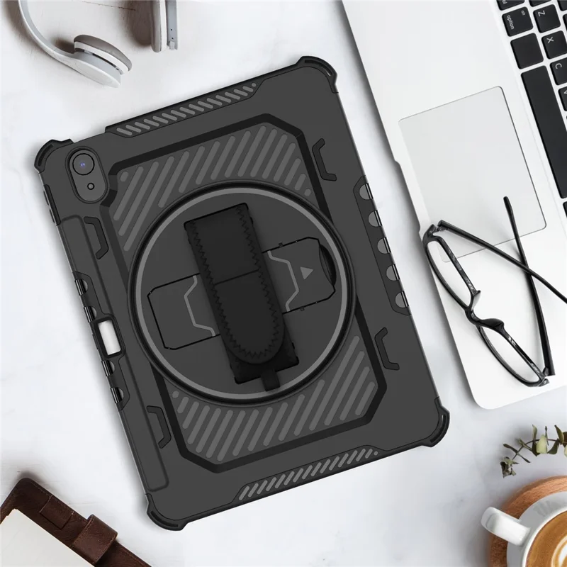 For iPad (2025)  /  10.9 (2022) Case Kickstand PC + TPU Shockproof Tablet Cover with Hand Strap  /  Pen Slot - Black