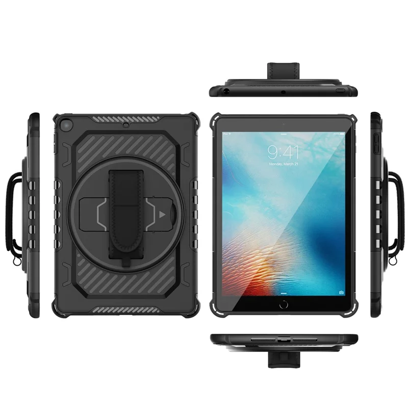 For iPad 9.7-inch (2018)  /  (2017) Case Kickstand PC + TPU Shockproof Tablet Cover with Hand Strap - Black
