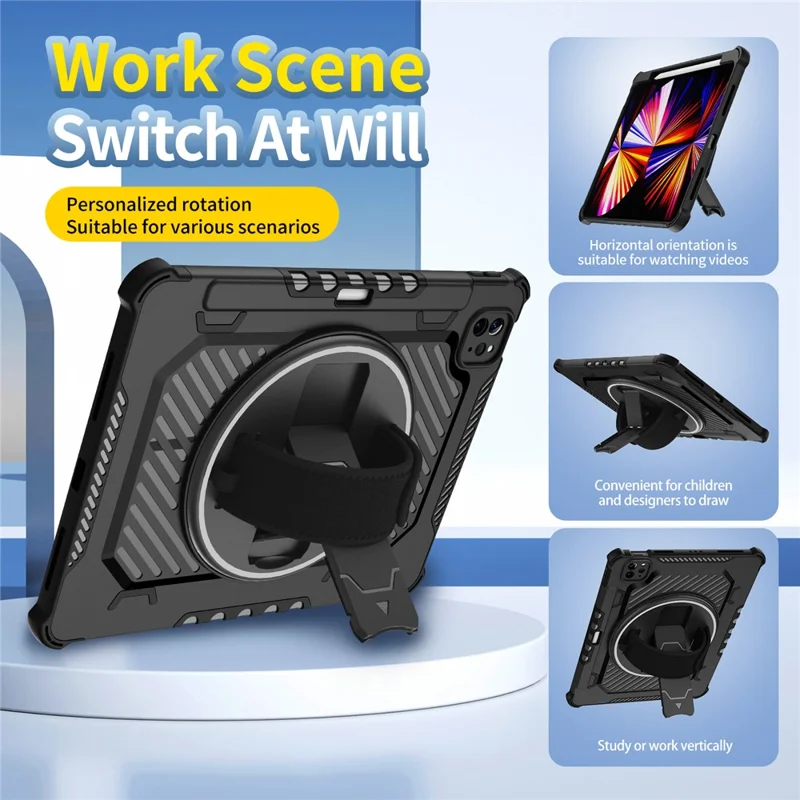 Tablet Case For iPad Pro 11 (2021)  /  (2020)  /  (2018) Kickstand PC + TPU Shockproof Cover with Hand Strap  /  Pen Slot - Black