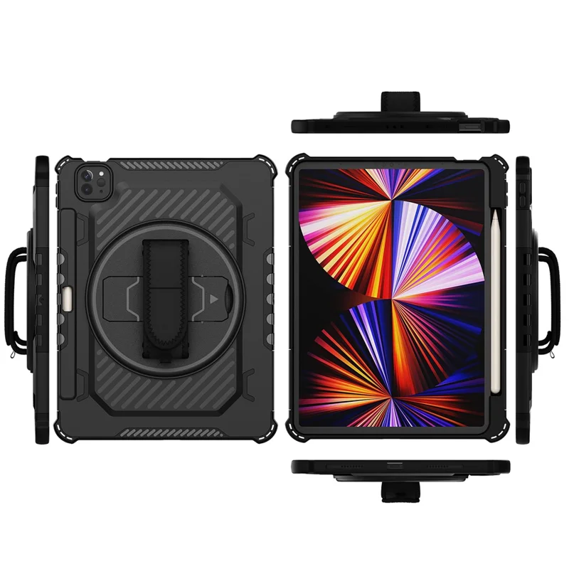 Tablet Case For iPad Pro 11 (2021)  /  (2020)  /  (2018) Kickstand PC + TPU Shockproof Cover with Hand Strap  /  Pen Slot - Black