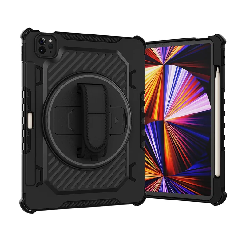 Tablet Case For iPad Pro 11 (2021)  /  (2020)  /  (2018) Kickstand PC + TPU Shockproof Cover with Hand Strap  /  Pen Slot - Black
